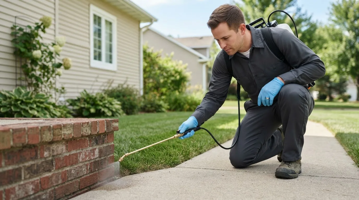 Pest control technician treating a home near East Wenatchee, WA